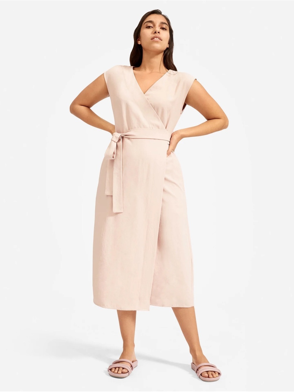 Everlane Japanese GoWeave Short Sleeve Wrap Dress Blush Pink neutrals minimalist